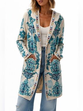 Johnny Was BIYA Vittoria duster cardigan cream EMBROIDERED sz MED NEW